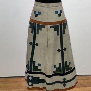 Vintage Southwestern Suede Midi Skirt with Green and Blue Geometric Inlay